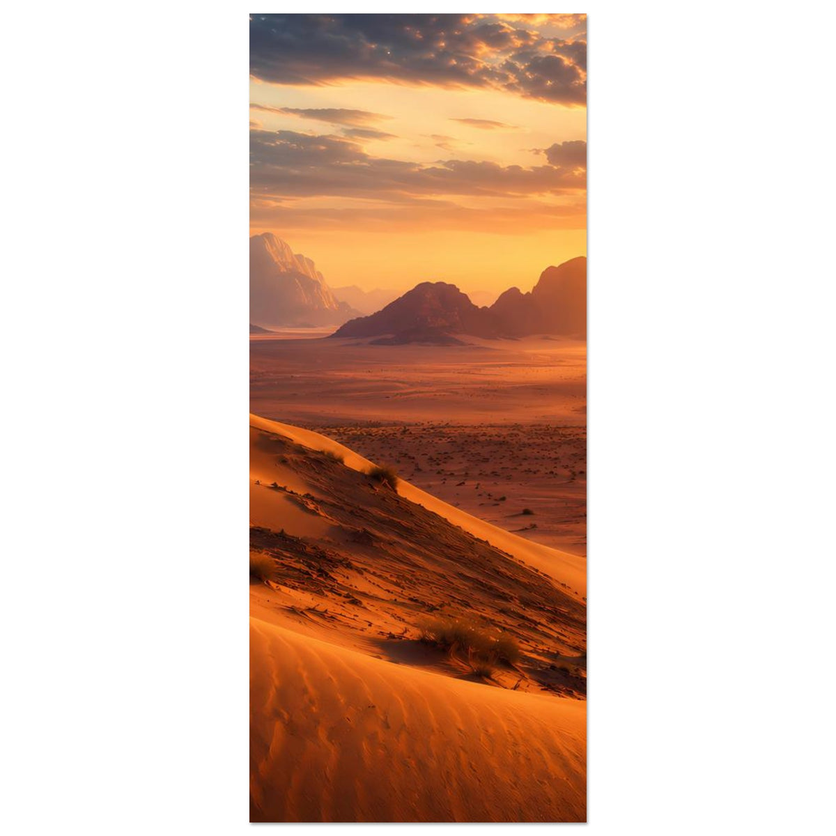 Wüstenlandschafts-Poster im Hochformat mit Sanddünen und orangem Sonnenuntergang
