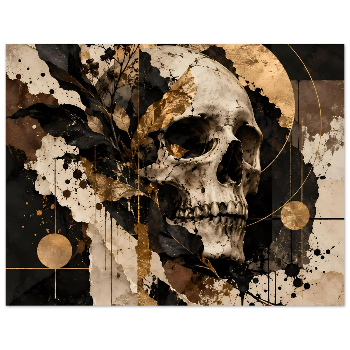 Kunstposter mit Totenschädelmotiv in Schwarz, Weiß und Gold, mit goldenen Kreisringen