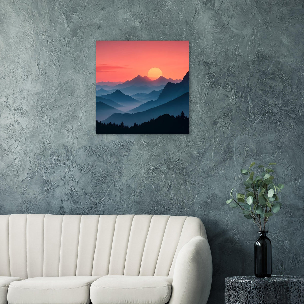 Quadratisches Landschaftsposter mit pastelligem Sonnenuntergang und blauen Bergsilhouetten