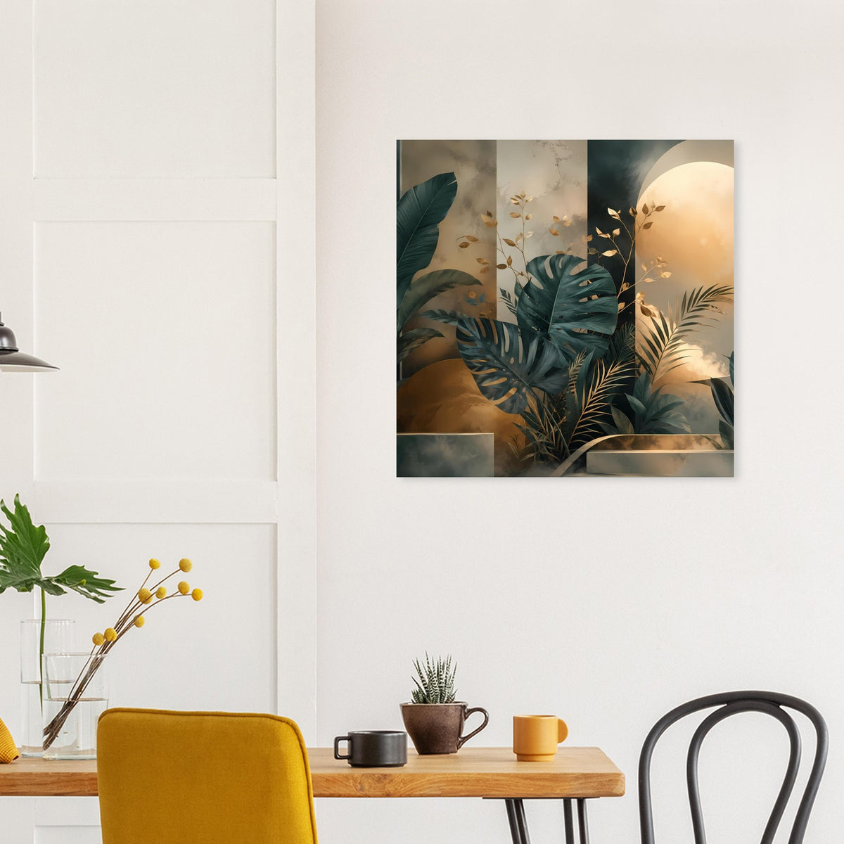 Dreiteiliges Poster mit Palmenblättern und Monstera, Petrolgrün sowie Goldakzenten