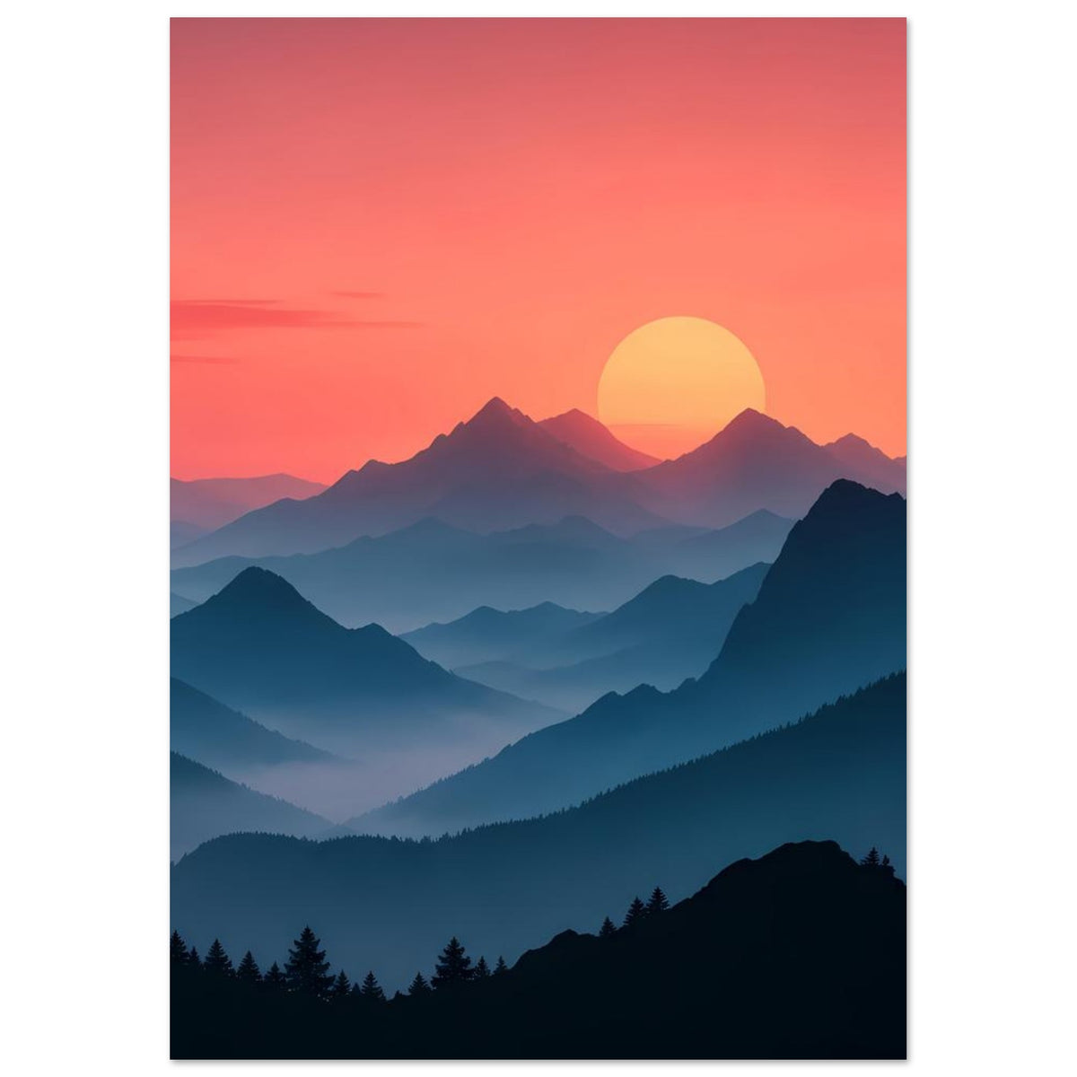 Hochformat-Landschaftsposter: Sonnenuntergang mit großer Sonne und mehreren blauen Ebenen