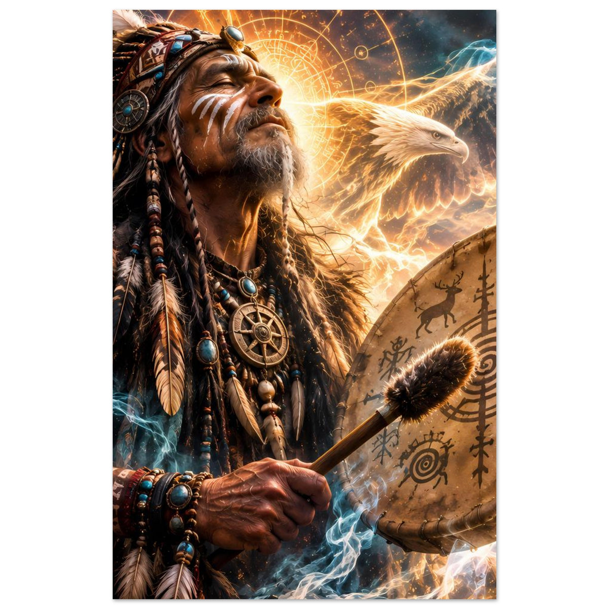 Fantasy-Poster, enger Zuschnitt: Schamane mit Trommel, Adlerkopf und Flammenbogen
