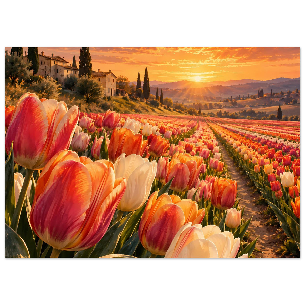 Poster: Tulpen im Sonnenuntergang, viele orange-rote und weiße Blüten entlang eines Weges