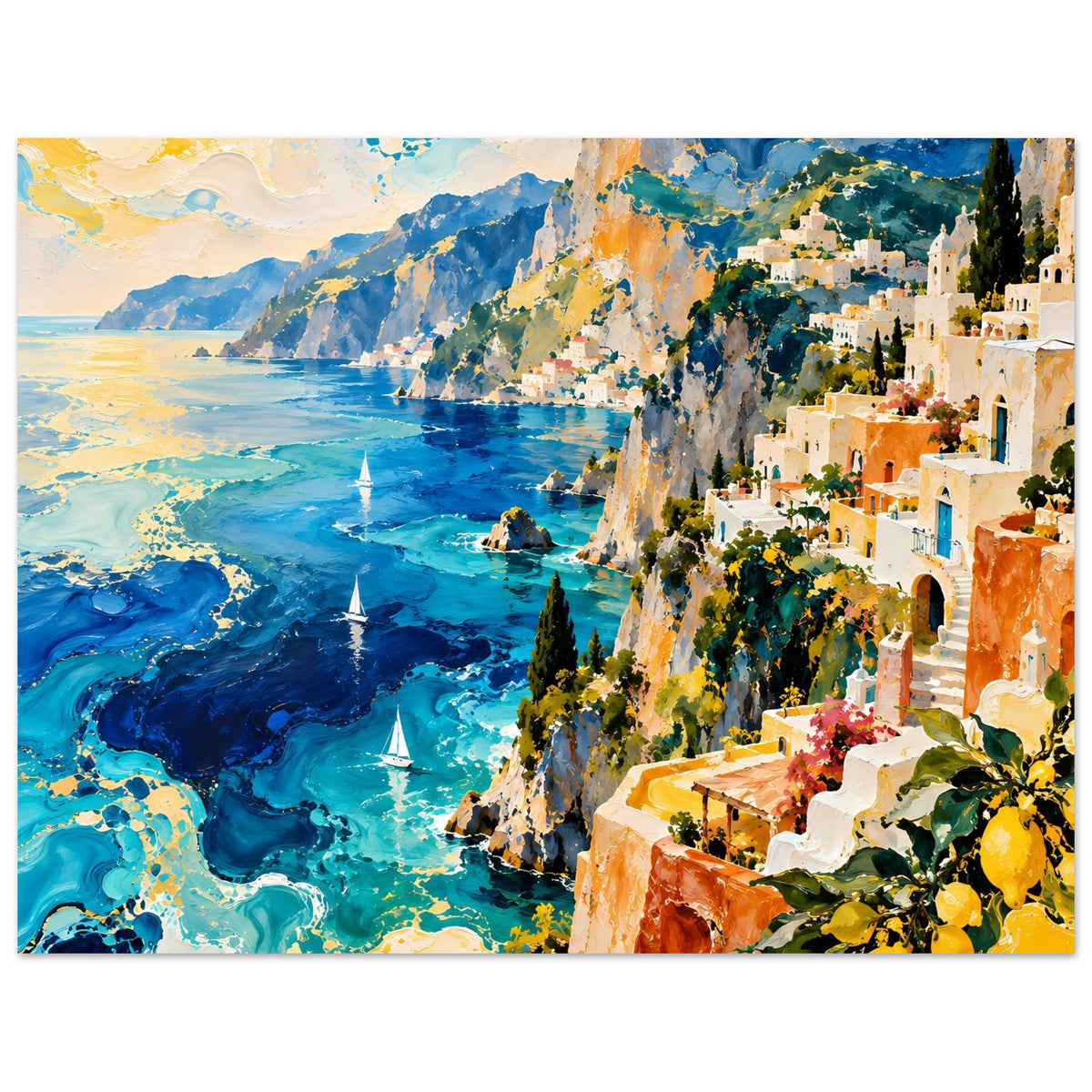Horizontales Poster mit türkisblauem Meer, weißen Segelbooten und Häusern in Orange, Gelb und Weiß