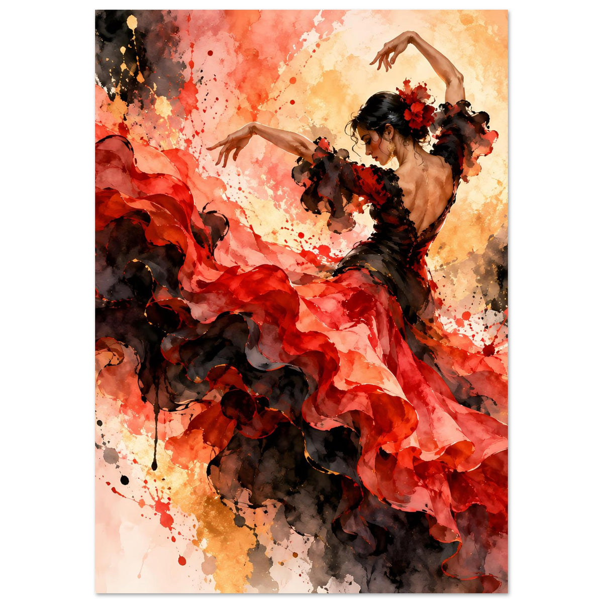 Flamenco-Tanzposter im Hochformat: tanzende Frau mit rotem Kleid und dunkler Deko
