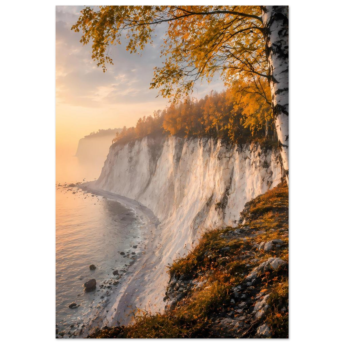 Poster mit Steilküste am Wasser, orangefarbenen Birken im Herbst und Sonnenuntergang