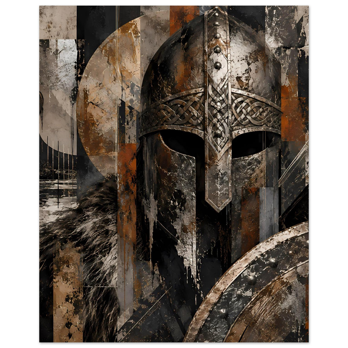 Wikingersoldaten-Poster: Helm und Schildrand, Ornamente in Braun-Grau und dunklem Schwarz
