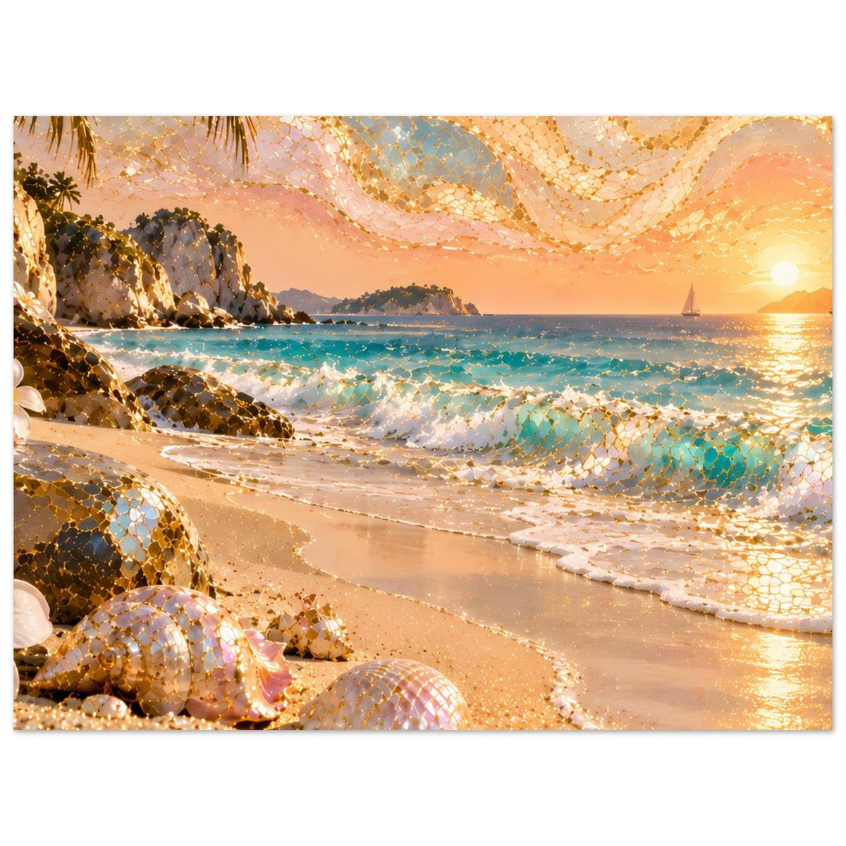 Poster mit Strand bei Sonnenuntergang, glitzernden Muscheln und goldenen Mosaikdetails.