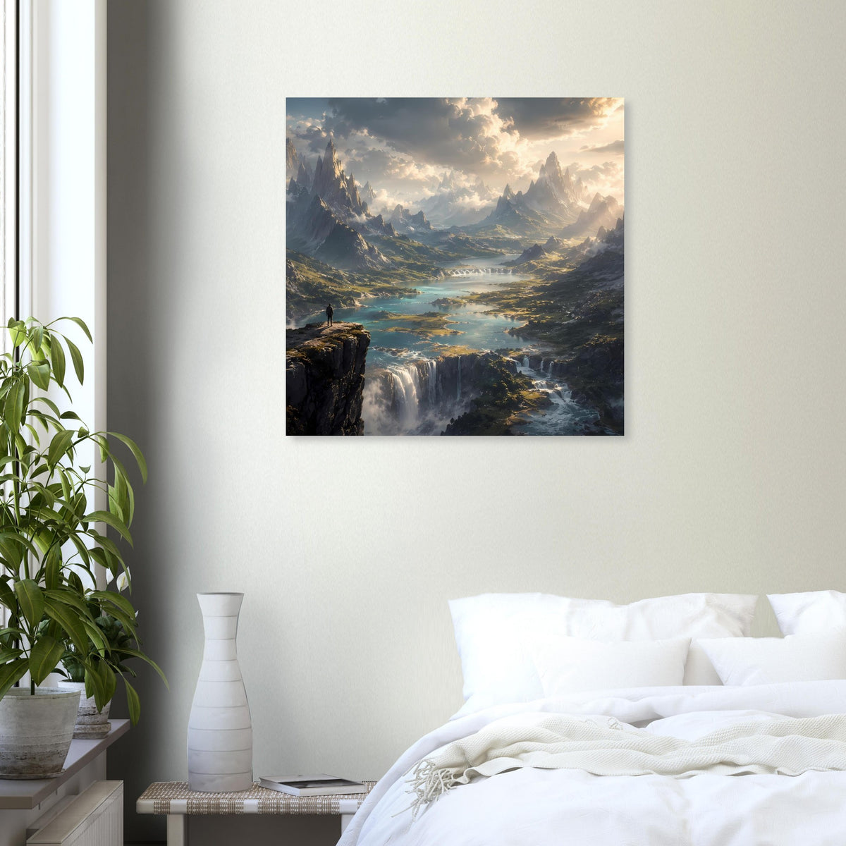 Poster mit Berglandschaft, Wasserfall und Fluss im Sonnenaufgang, schwarzer Rahmen