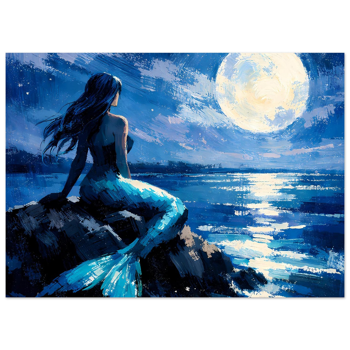 Premium-Mattes Poster (Querformat) mit Meerjungfrau bei hellem Mond am Wasser