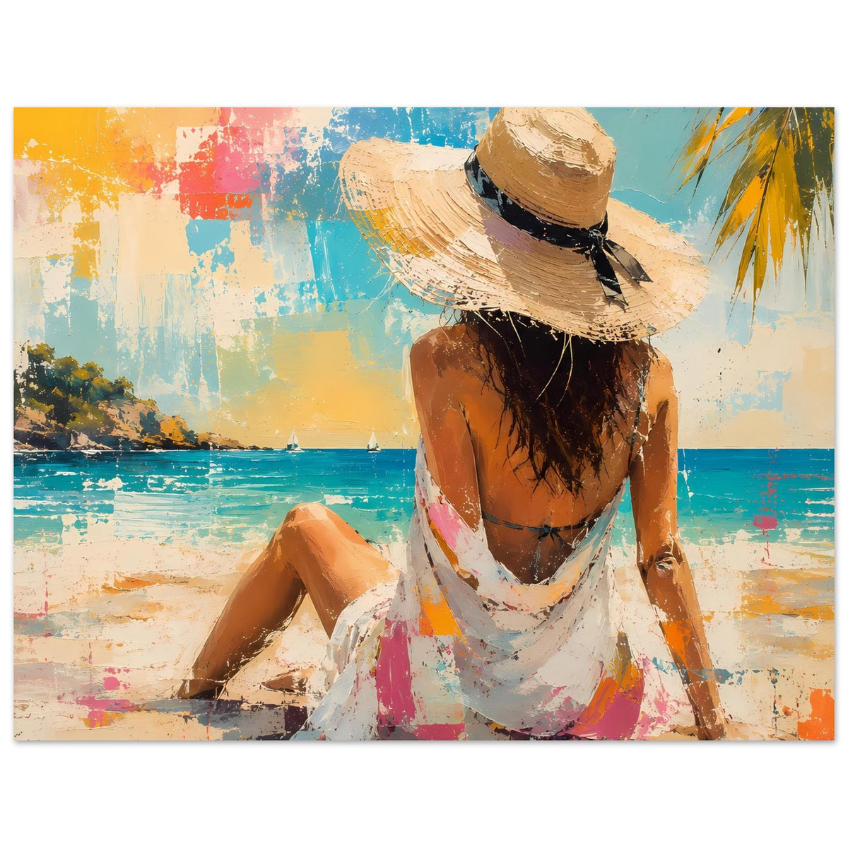 Sommerposter im Querformat: Frau im Strohhut, Rückenansicht, sitzend am Strand