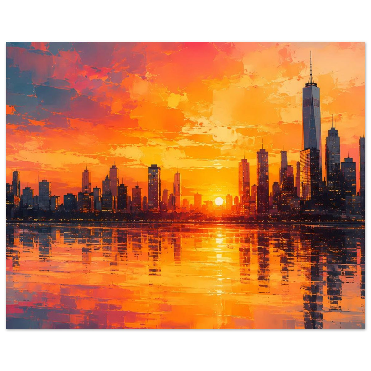 Rechteckiges Poster mit Skyline bei Sonnenuntergang, zentraler Sonne und Spiegelung im Wasser