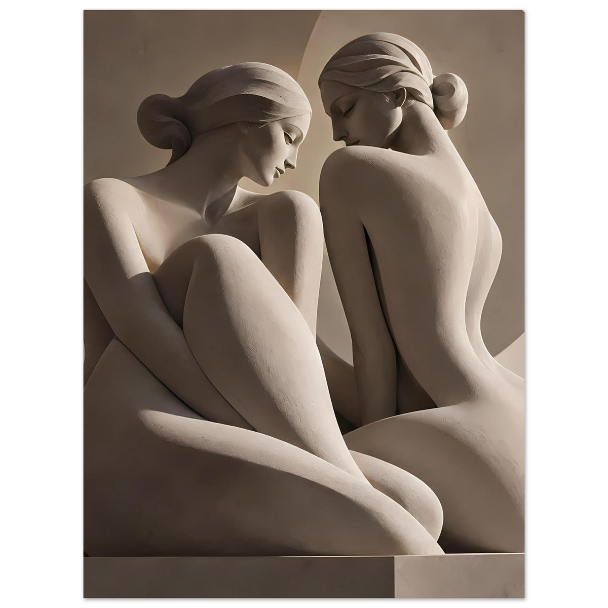 Kunstposter mit zwei klassischen Aktfiguren, cremefarbene Skulpturenfiguren im Profil