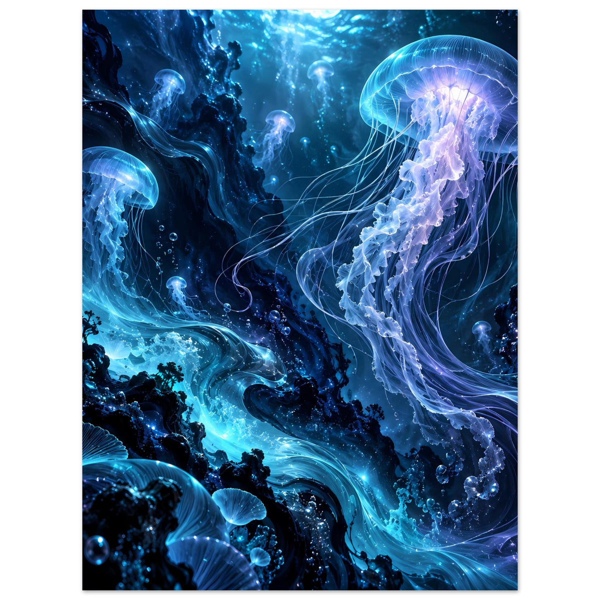 Unterwasser-Poster mit leuchtenden Quallen in tiefem Blau, Szene mit mehreren Quallen