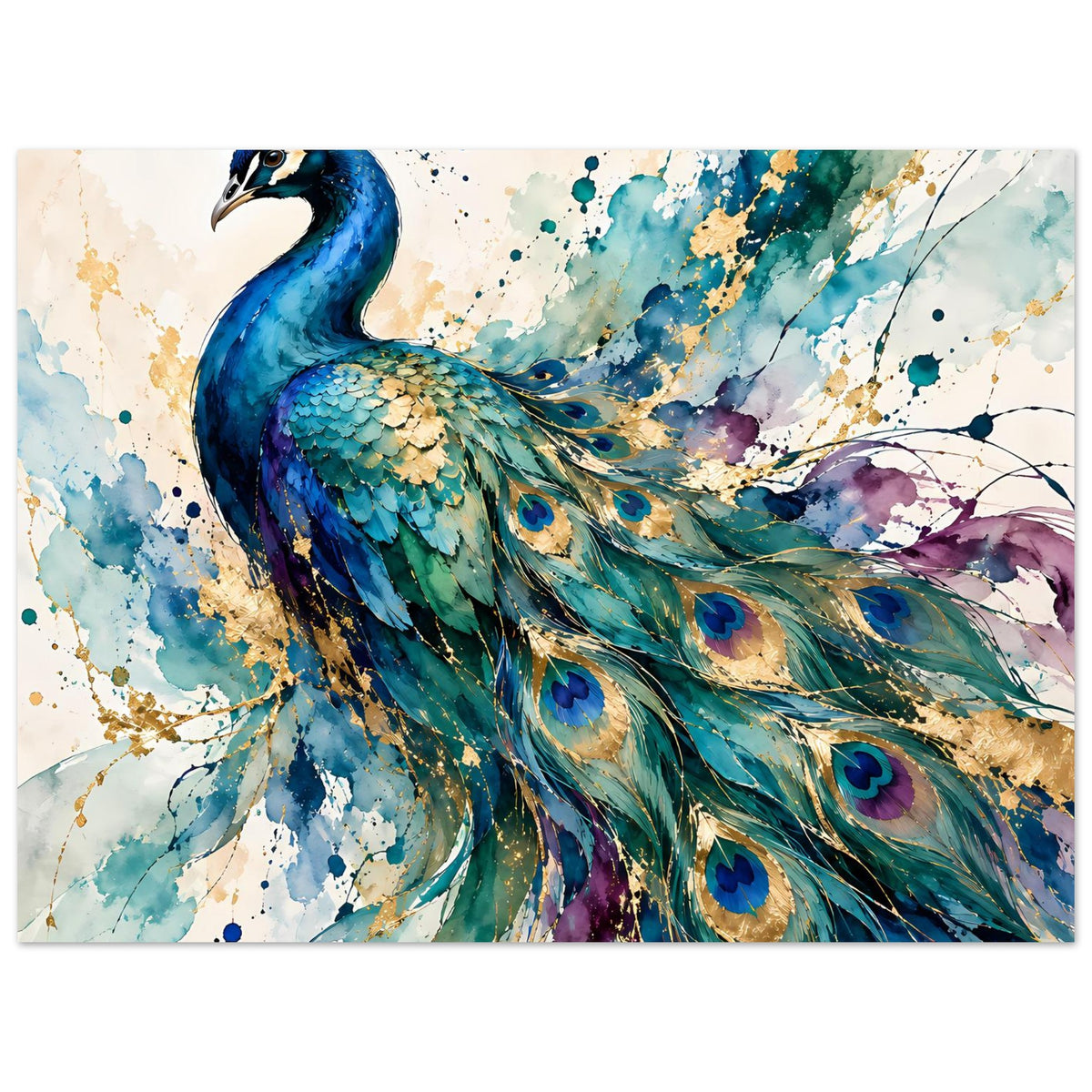 Aquarell-Pfauenposter im Querformat: blau-grüner Pfau mit Gold-Details und Spritzfarbe