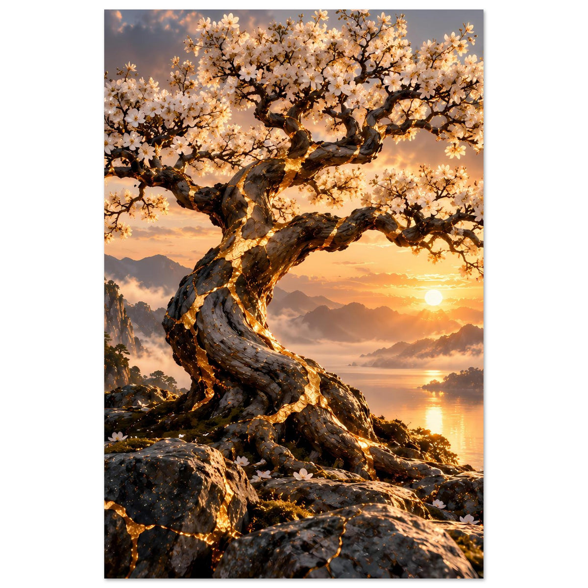 Vertikales Poster: blühender Baum und Sonnenaufgang über nebligem Tal mit ruhigem See