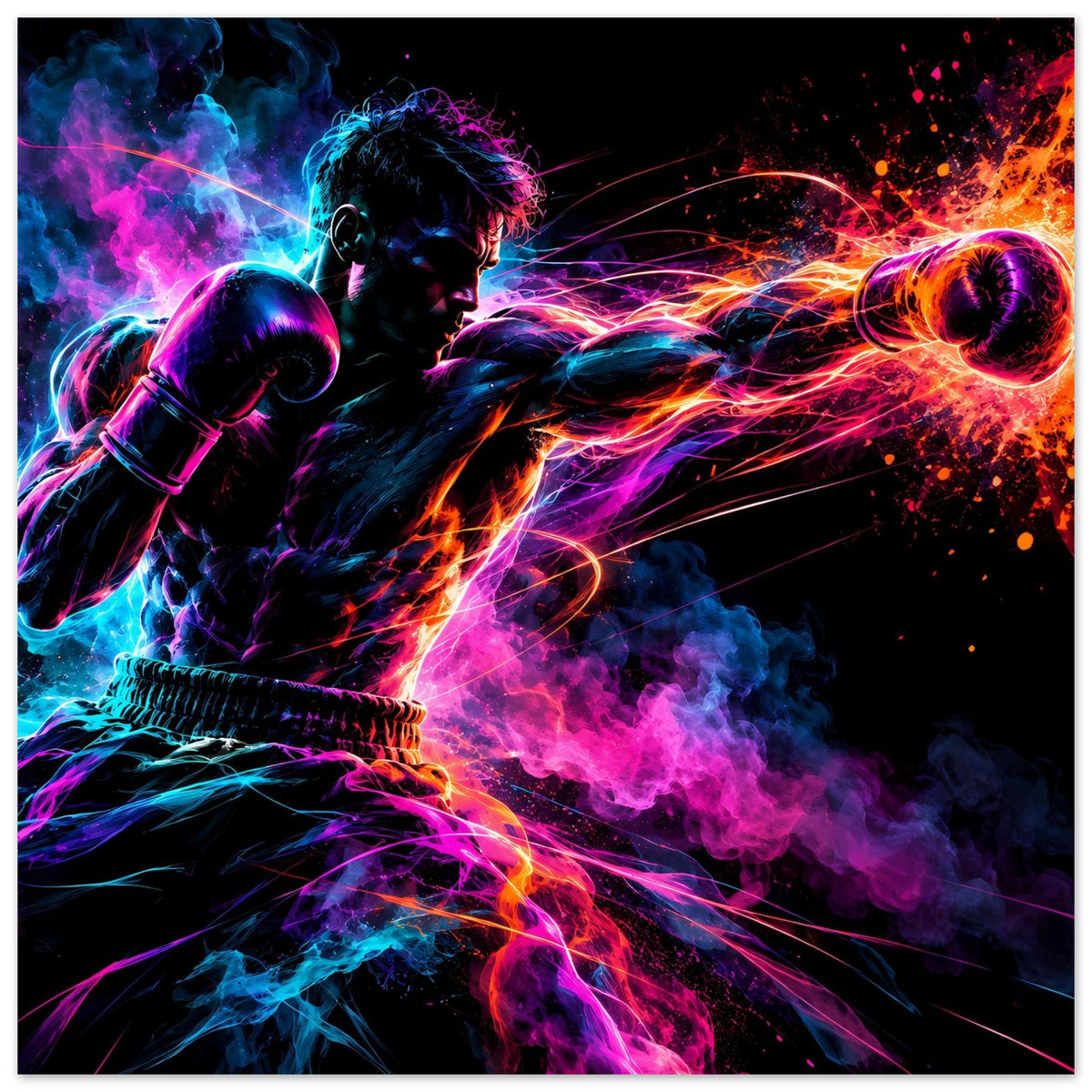 Neon-Boxer-Poster im Hochformat: Boxhandschuhe, farbiger Rauch und Lichtspuren, schwarzer Rahmen