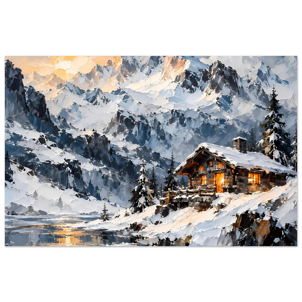 Schneebedecktes Alpen-Poster mit Berghütte rechts und warm leuchtenden Fenstern, Landschaft