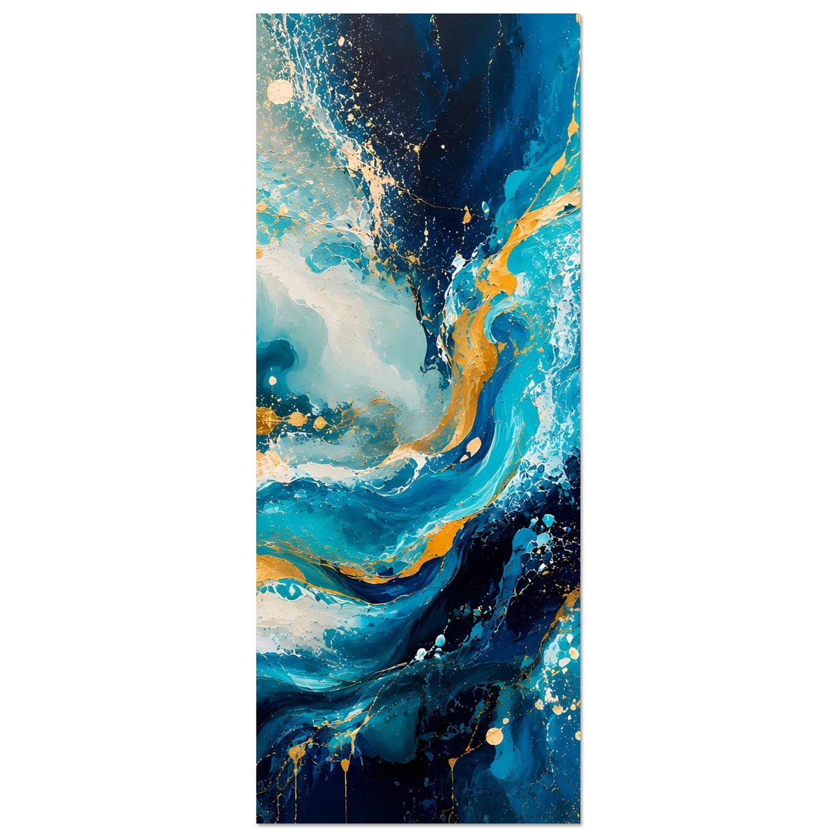Abstraktes Kunstposter (hochkant) mit blauem Farbwirbel und goldenen Spritzern.