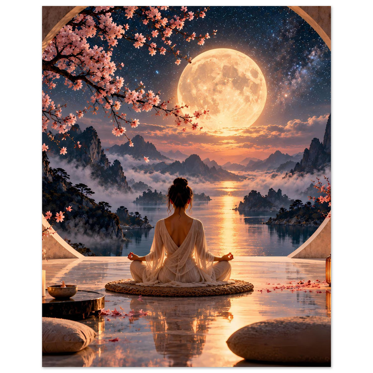 Meditationsposter mit Vollmond und Kirschblüten: Meditierende Person auf rundem Kissen