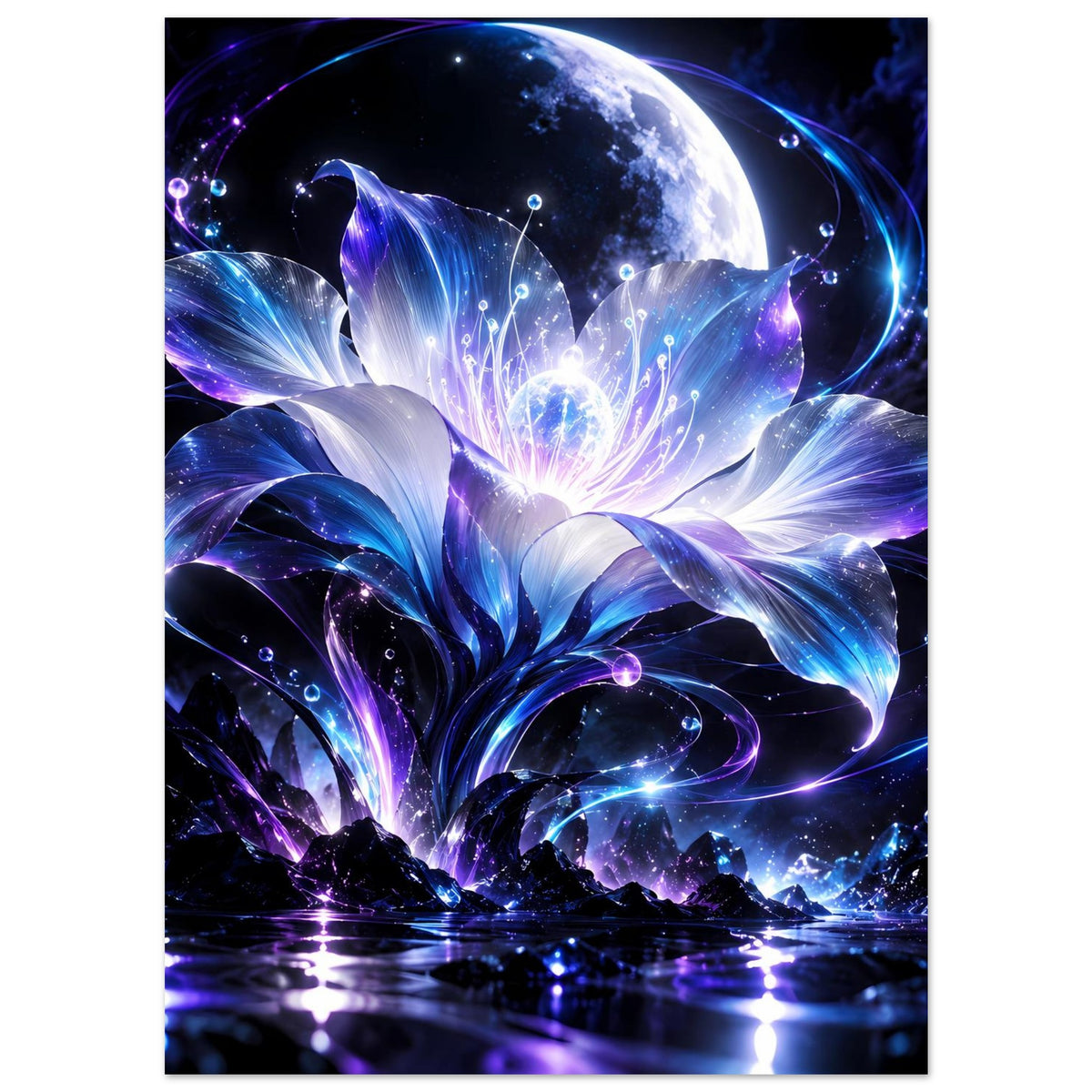 Poster, hochkant: Mond über leuchtenden blauen und violetten Blüten, funkelnde Lichtpunkte.