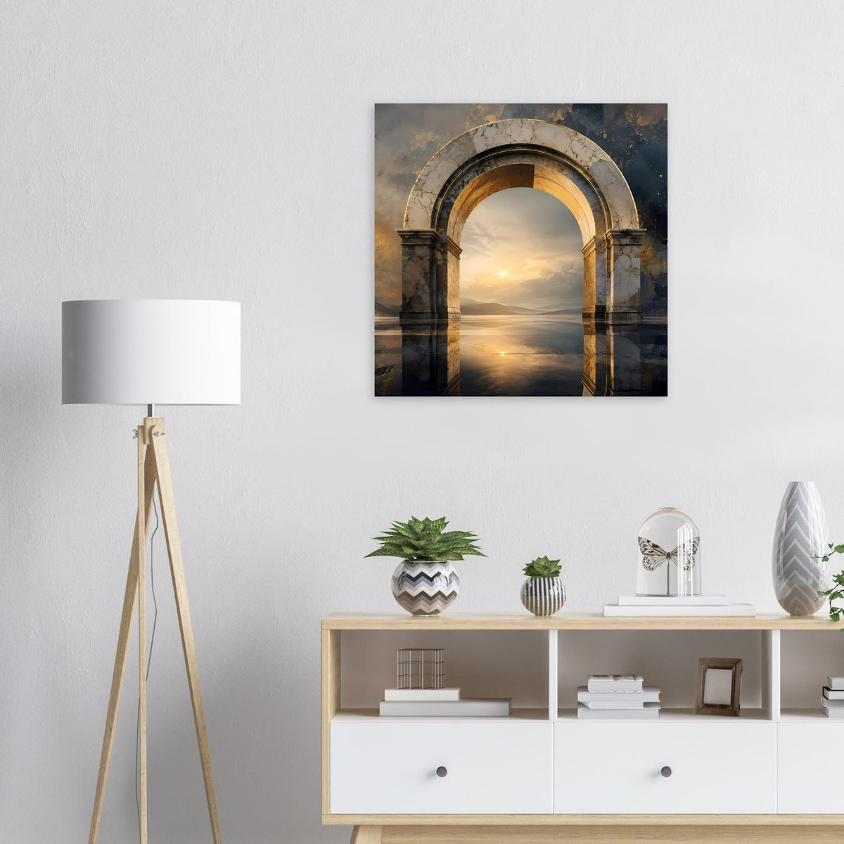 Wandposter mit Rundbogen aus Marmor und reflektierender Wasserlandschaft