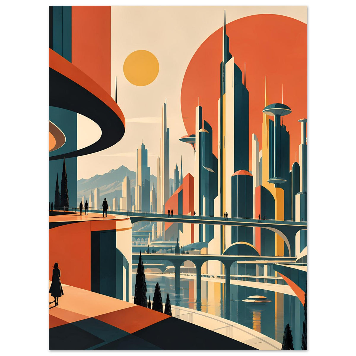Poster mit futuristischer Stadtskyline, großer Sonne, Promenade und türkis-orangen Wolkenkratzern