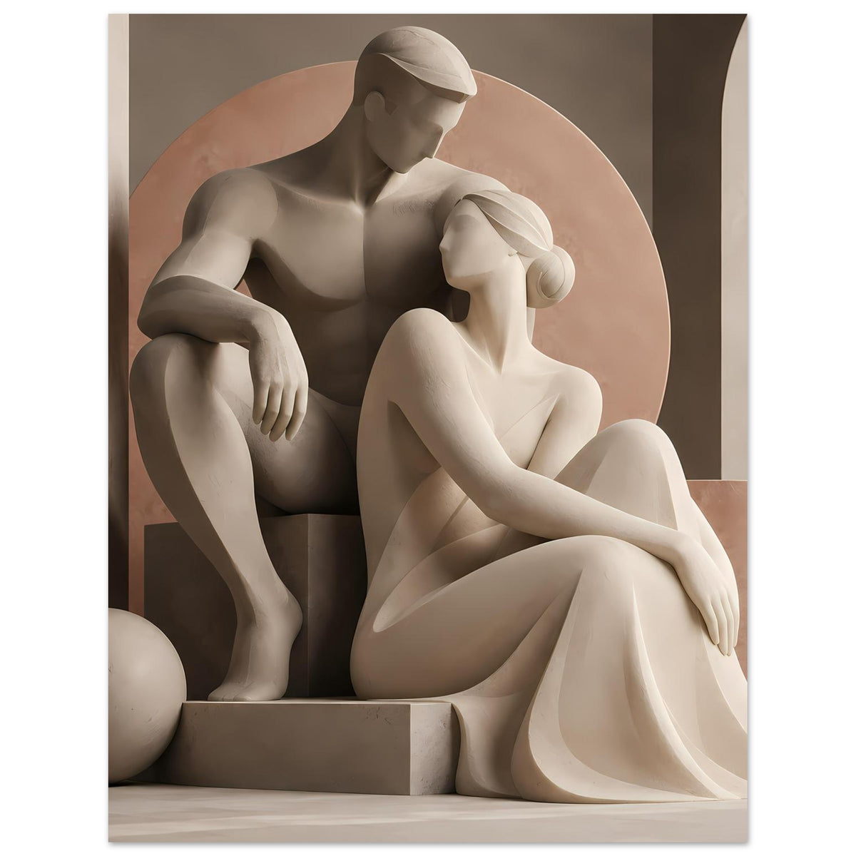 Kunstposter mit skulpturalem Liebespaar in warmen Erdtönen, Frau mit Schleier-Optik, elegant