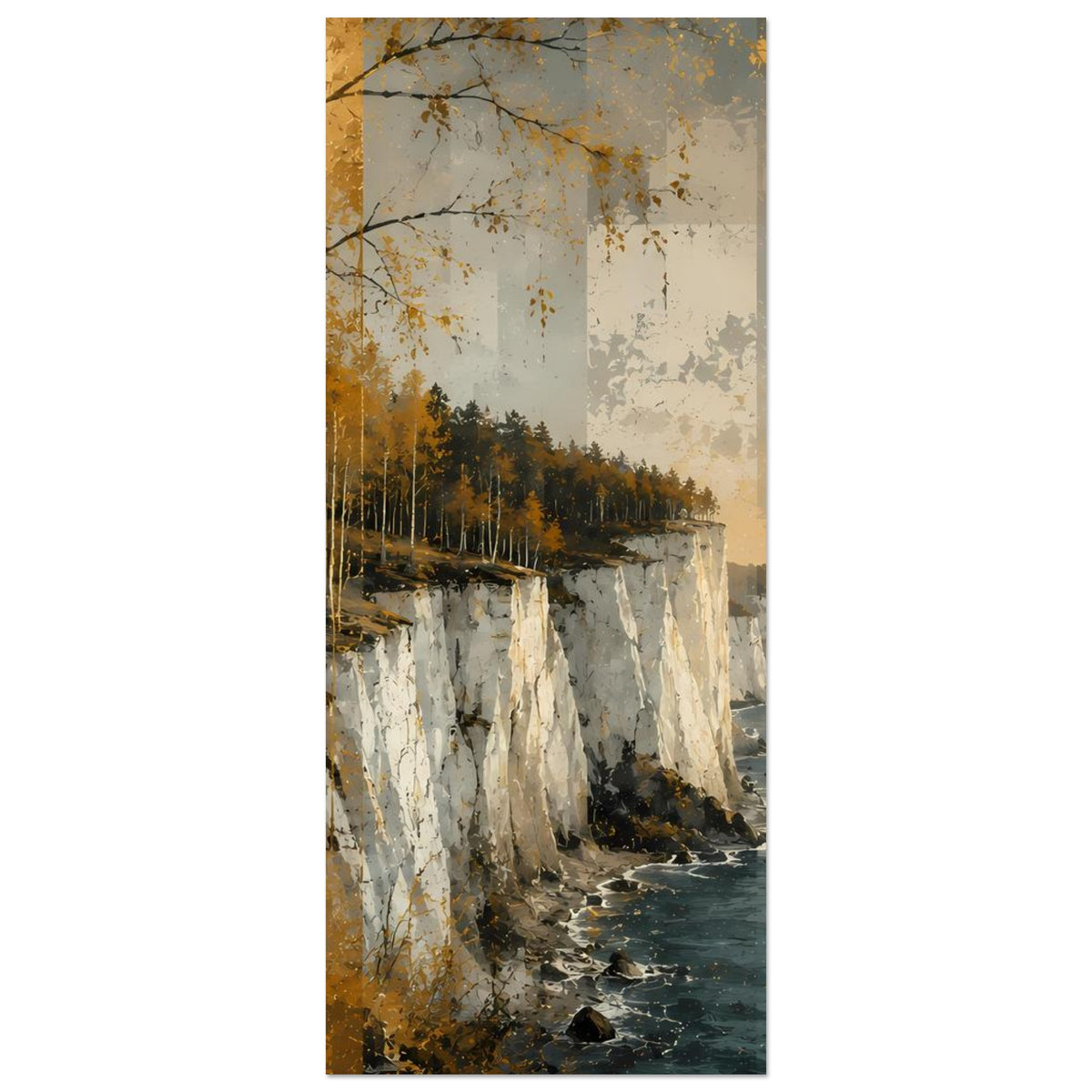 Vertikales Poster mit Steilküste und Meer, Birken im Herbst, warme Gold- und Brauntöne