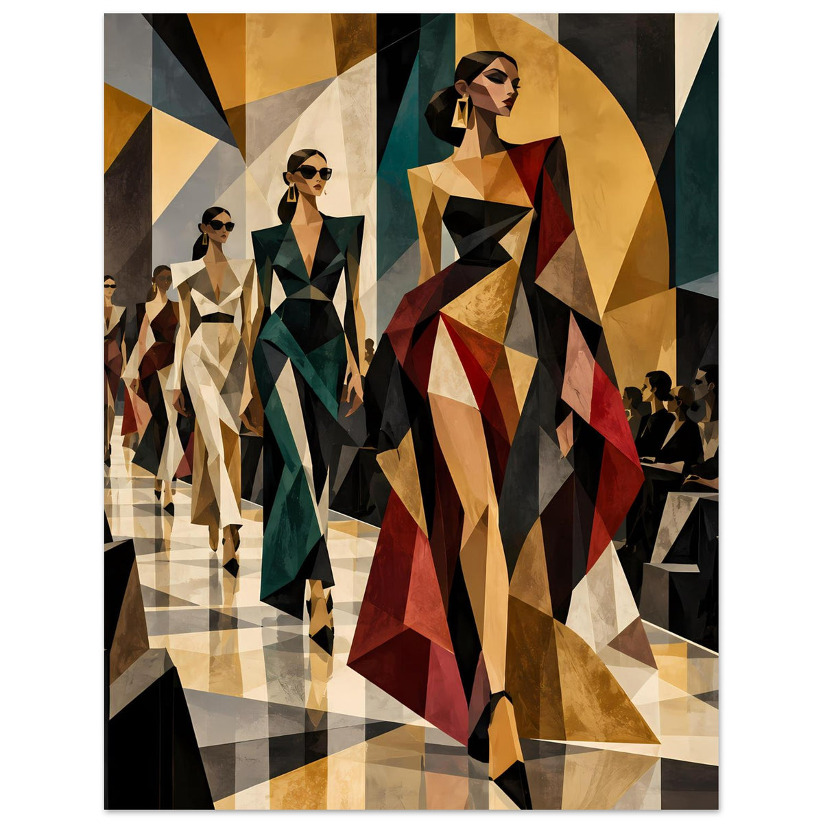 Fashion-Poster mit großer Mittelfigur im geometrischen Design, in Juwelenfarben