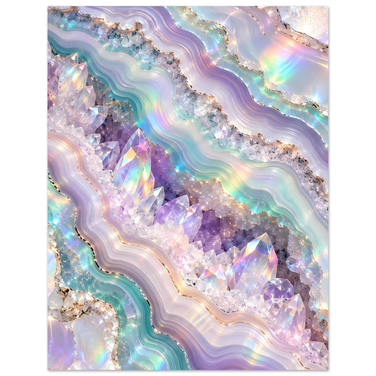 Holografisches Kristall-Geodenposter, vertikal: glitzernde Amethyst-Formen und Regenbogenreflexe
