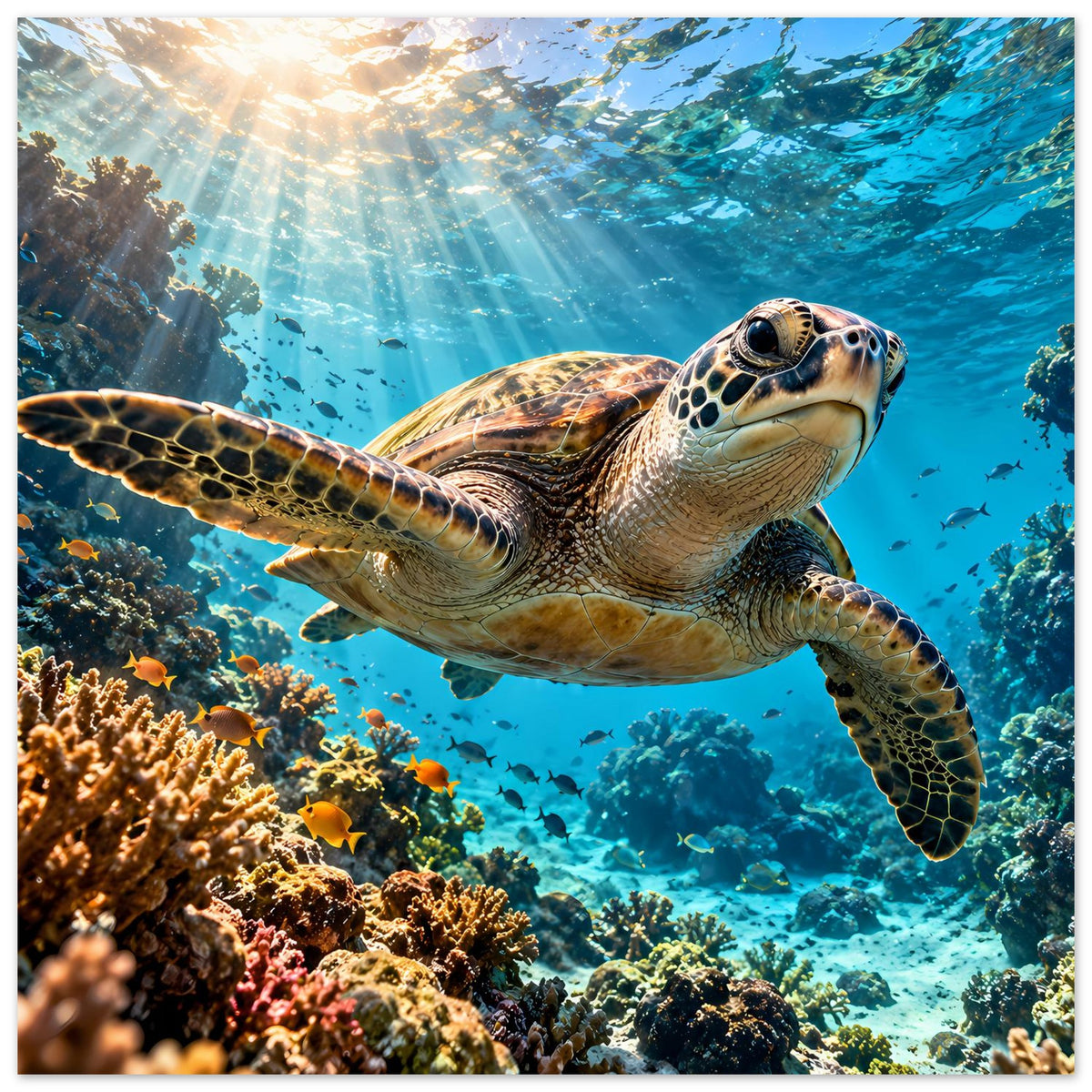 Unterwasser-Schildkrötenposter im Querformat: Meeresschildkröte nah über Korallenriff und Fische