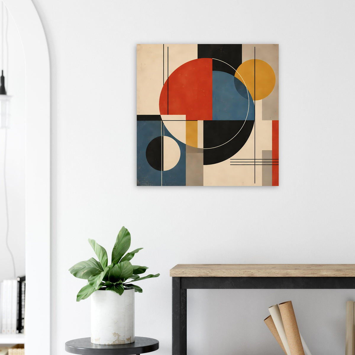 Abstrakter Kunstprint mit verschachtelten Kreisen und Rechtecken in Rot, Blau, Schwarz