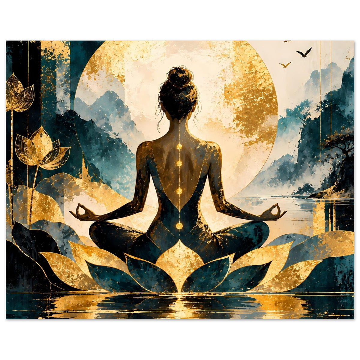 Meditatives Lotus-Frau-Poster: sitzende Figur, goldene Sonne im Kreis und schwebende Vögel