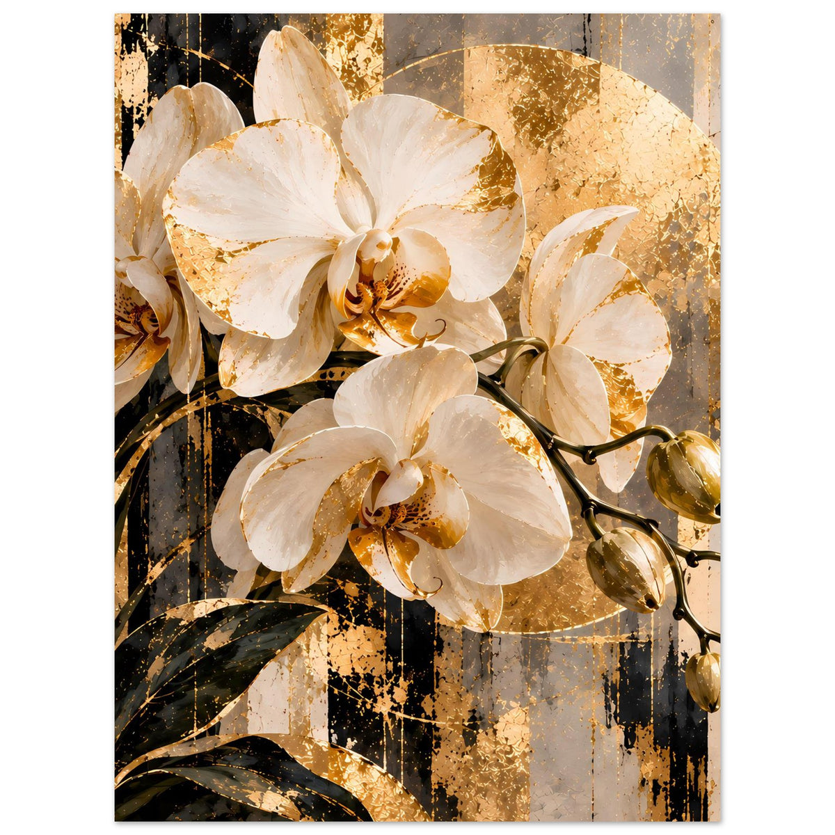 Orchideen-Wandbild vertikal, goldveredelte Blütenoptik und dunkle Blätter