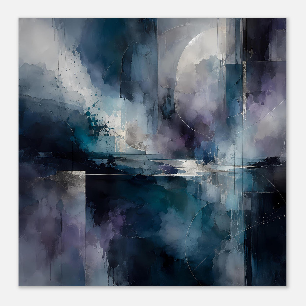 Abstractes Kunstposter mit blauem und violettem Farbmix, rechteckiger Komposition im Close-up