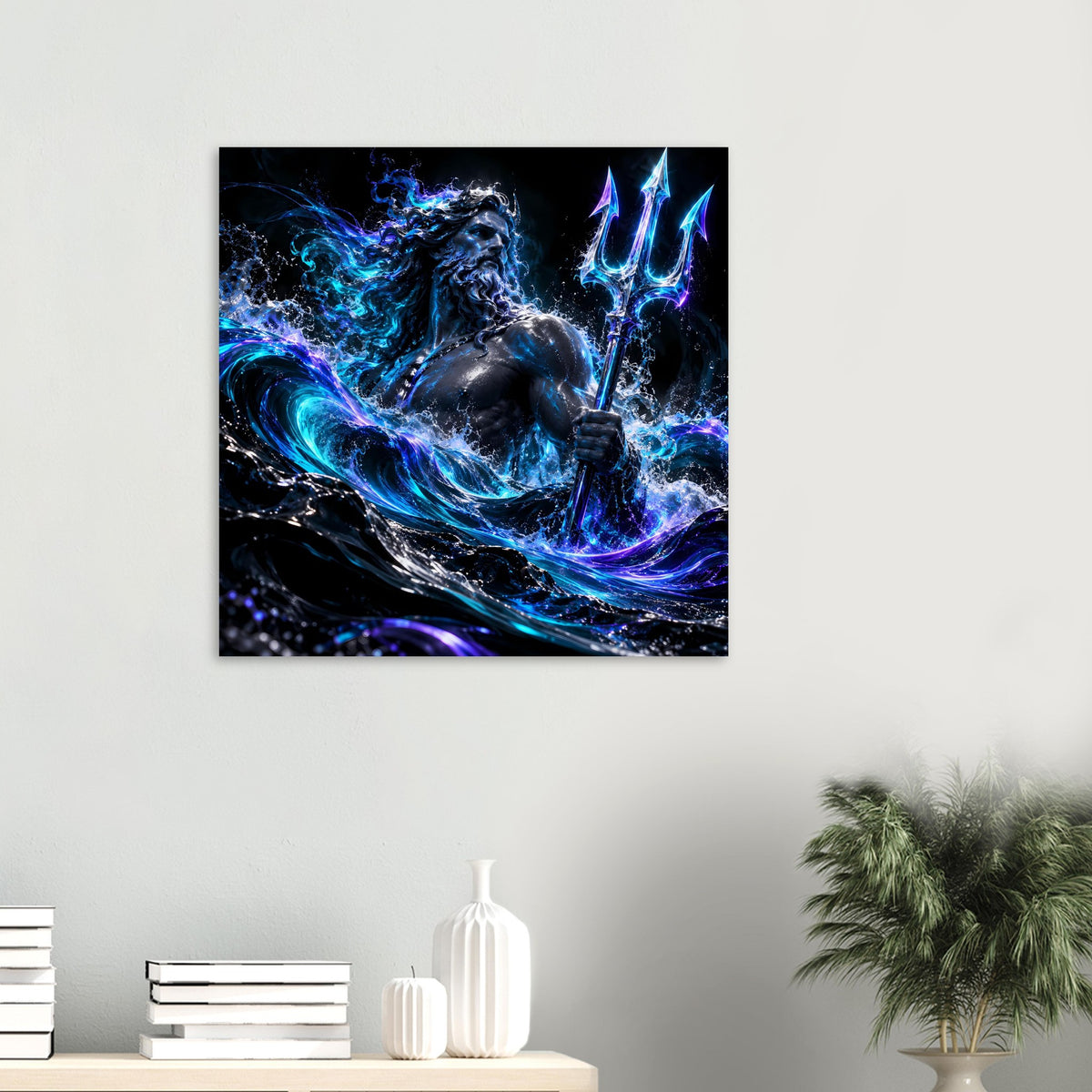Kleines Poster im Querformat mit Poseidon: Dreizack, leuchtend blaue Wellen, Wasserenergie
