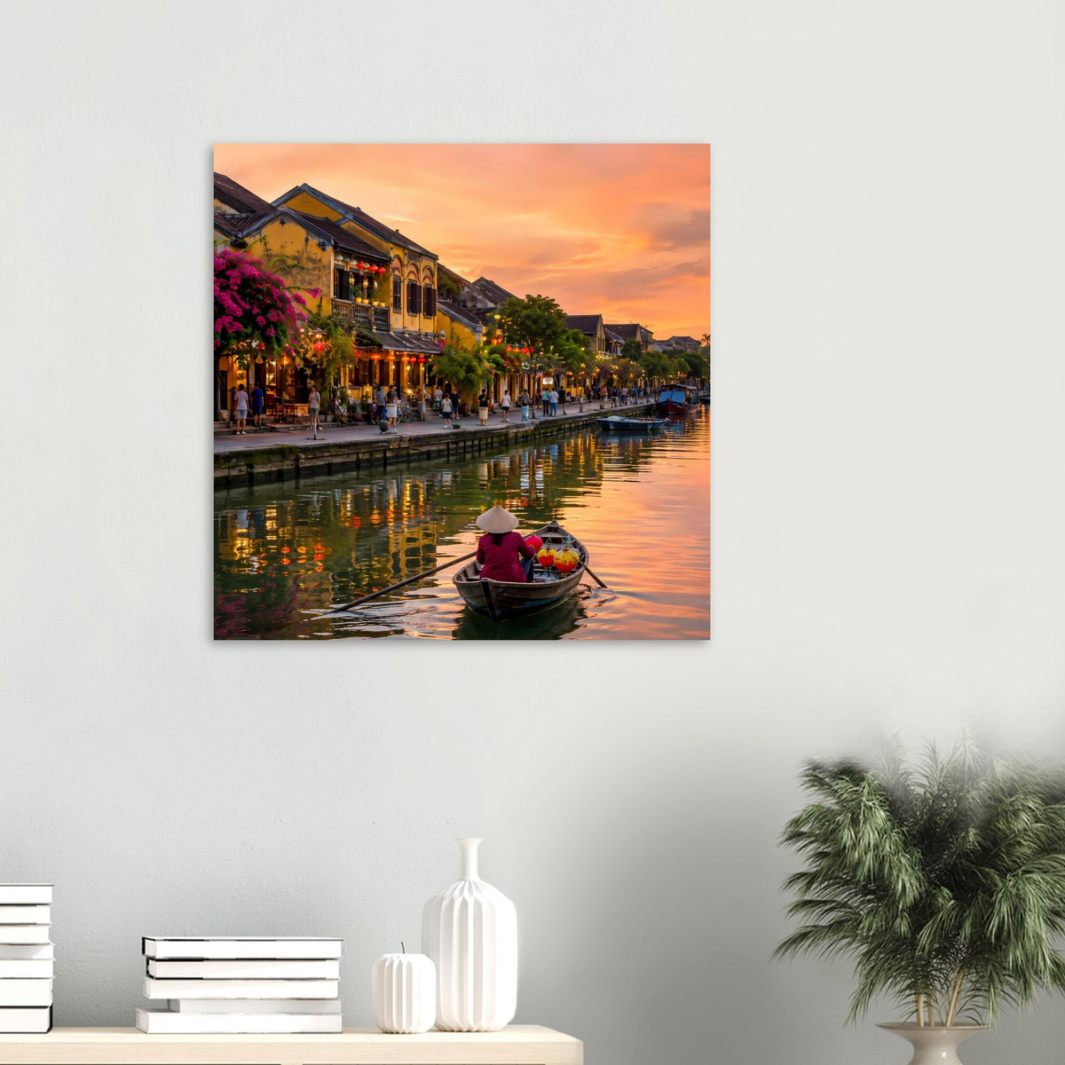 Wandposter mit Flussszene bei Sonnenuntergang und beleuchteter Uferpromenade