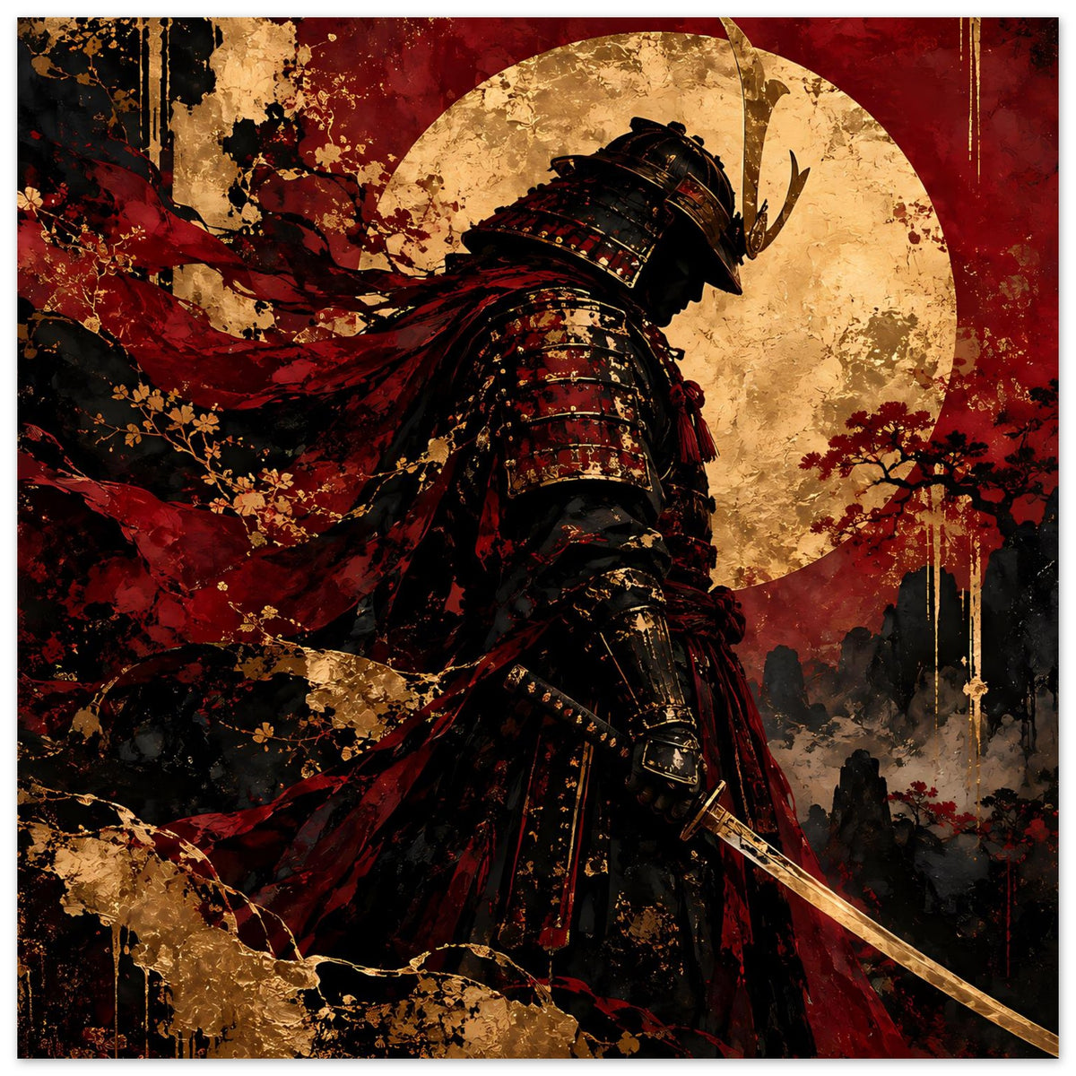Japan-Poster mit Samurai-Krieger in schwarzer Rüstung, rotem Umhang und Katana in Pose