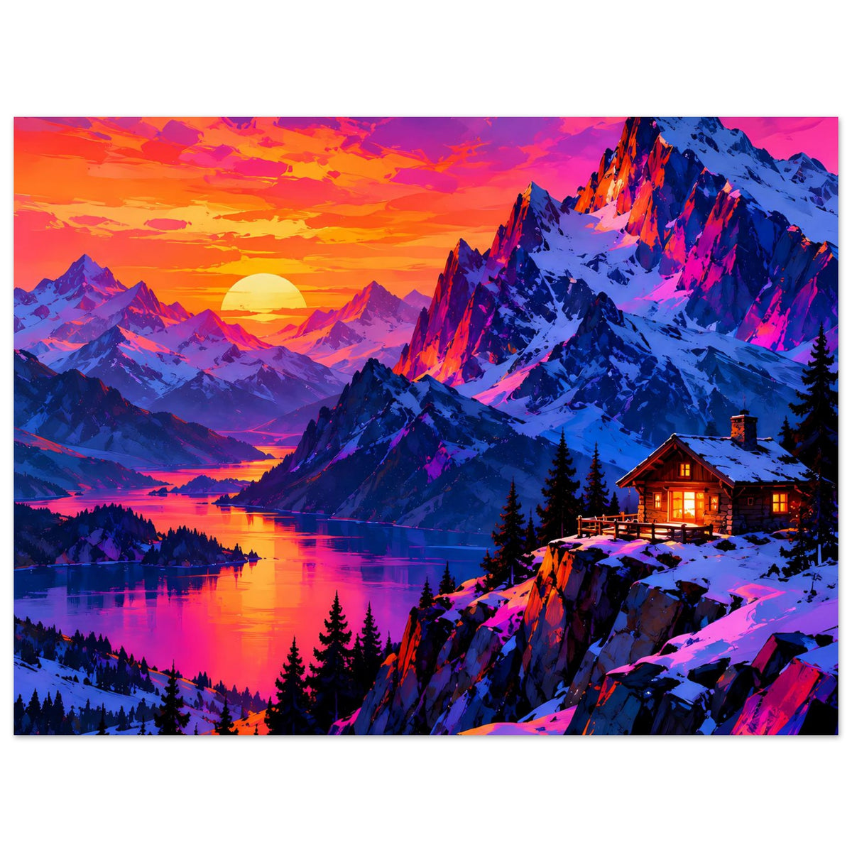 Querformat-Poster mit Alpenbergen bei Sonnenuntergang, See-Spiegelung, warm beleuchtetes Chalet