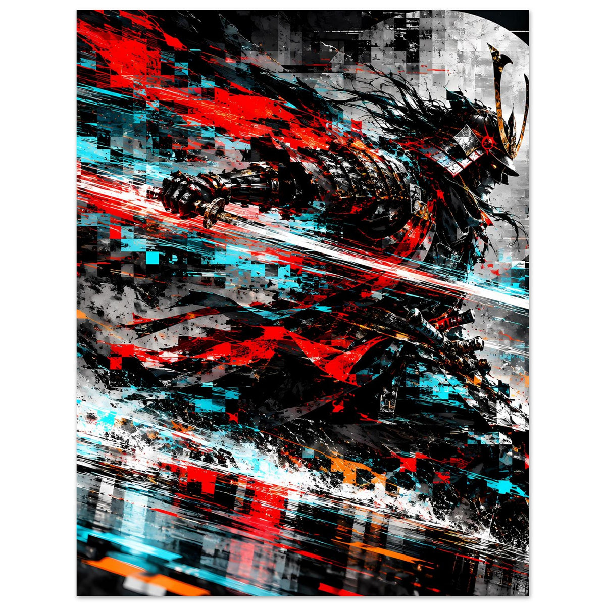 Actionposter im Hochformat mit samurai-artigem Motiv, rote und cyanblaue Striche über Schwarz