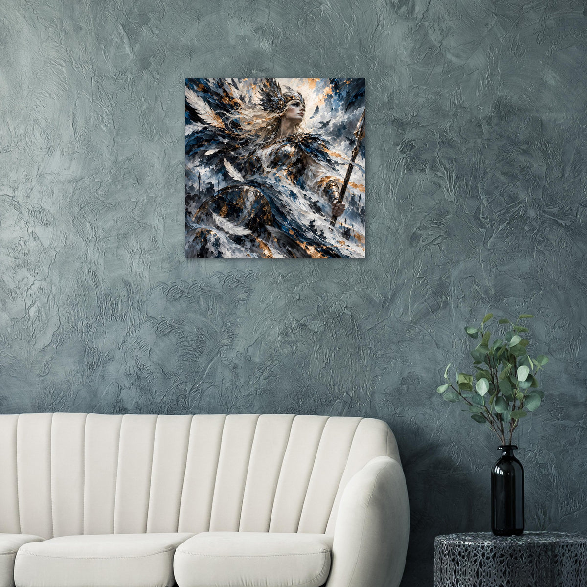 Poster mit Valkyrie-Motiv, überwiegend Blau-Schwarz mit goldbraunen Details
