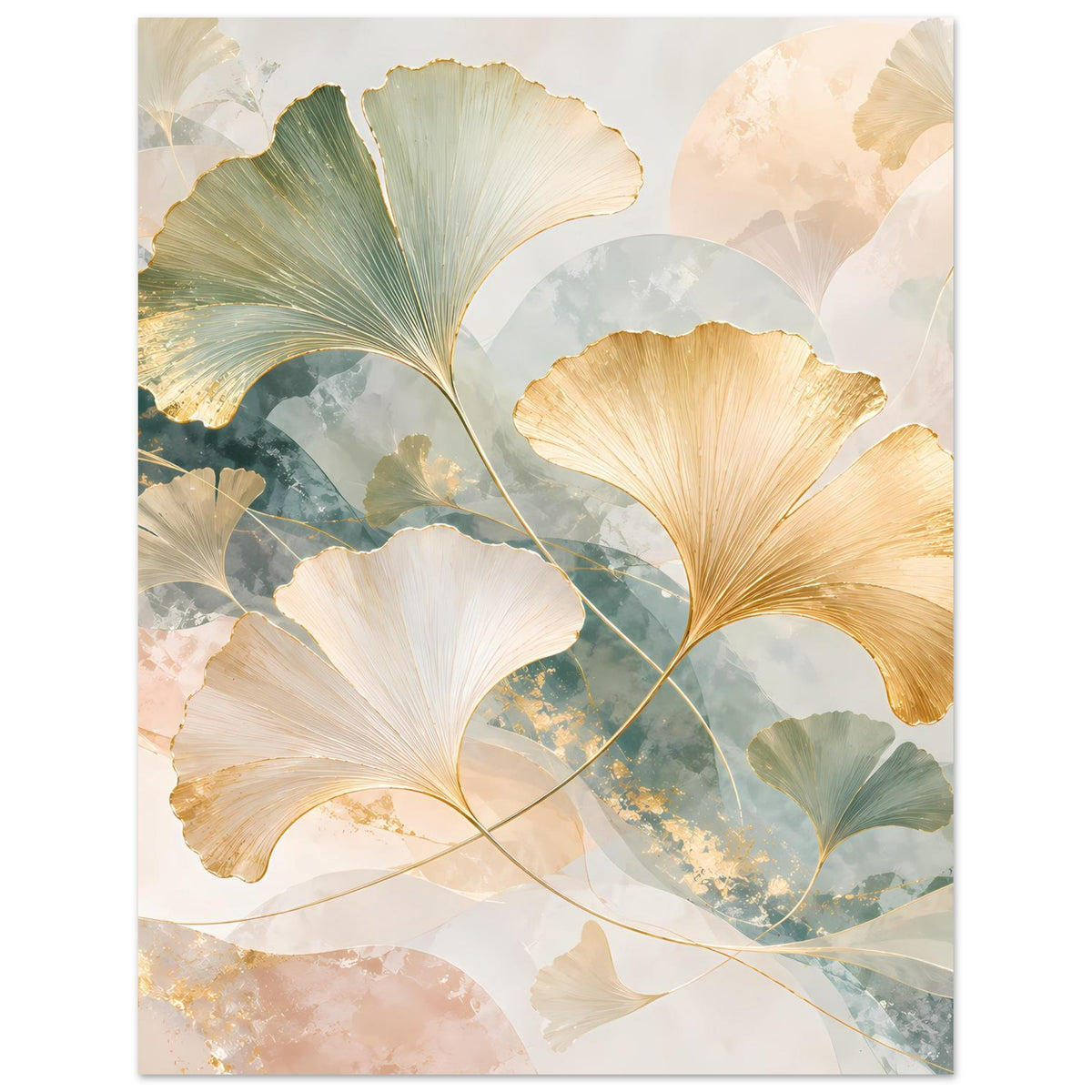 Poster mit großen Ginkgo-Blättern, Goldakzenten und blaugrünen Adern