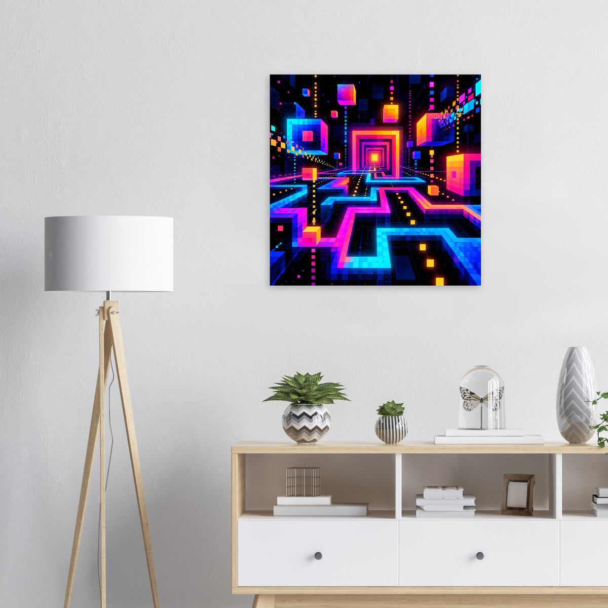 Quadratisches Neon-Labyrinth-Poster mit geometrischen Science-Fiction-Mustern, blau-pink