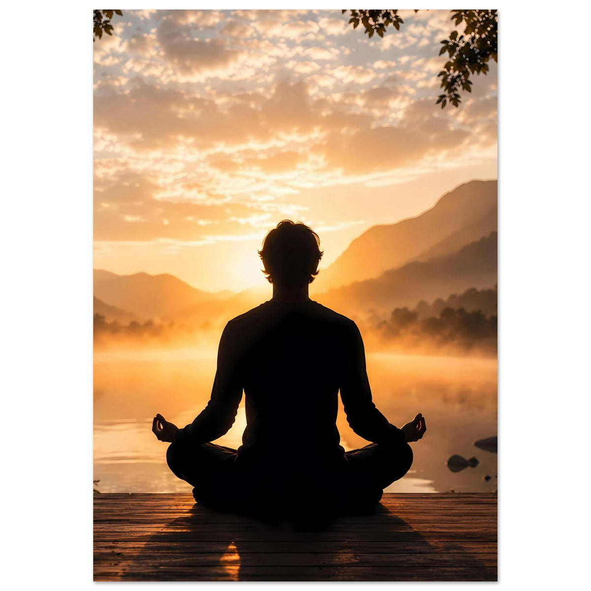Poster Hochformat mit Meditationssilhouette beim Sonnenaufgang über See und Berge.
