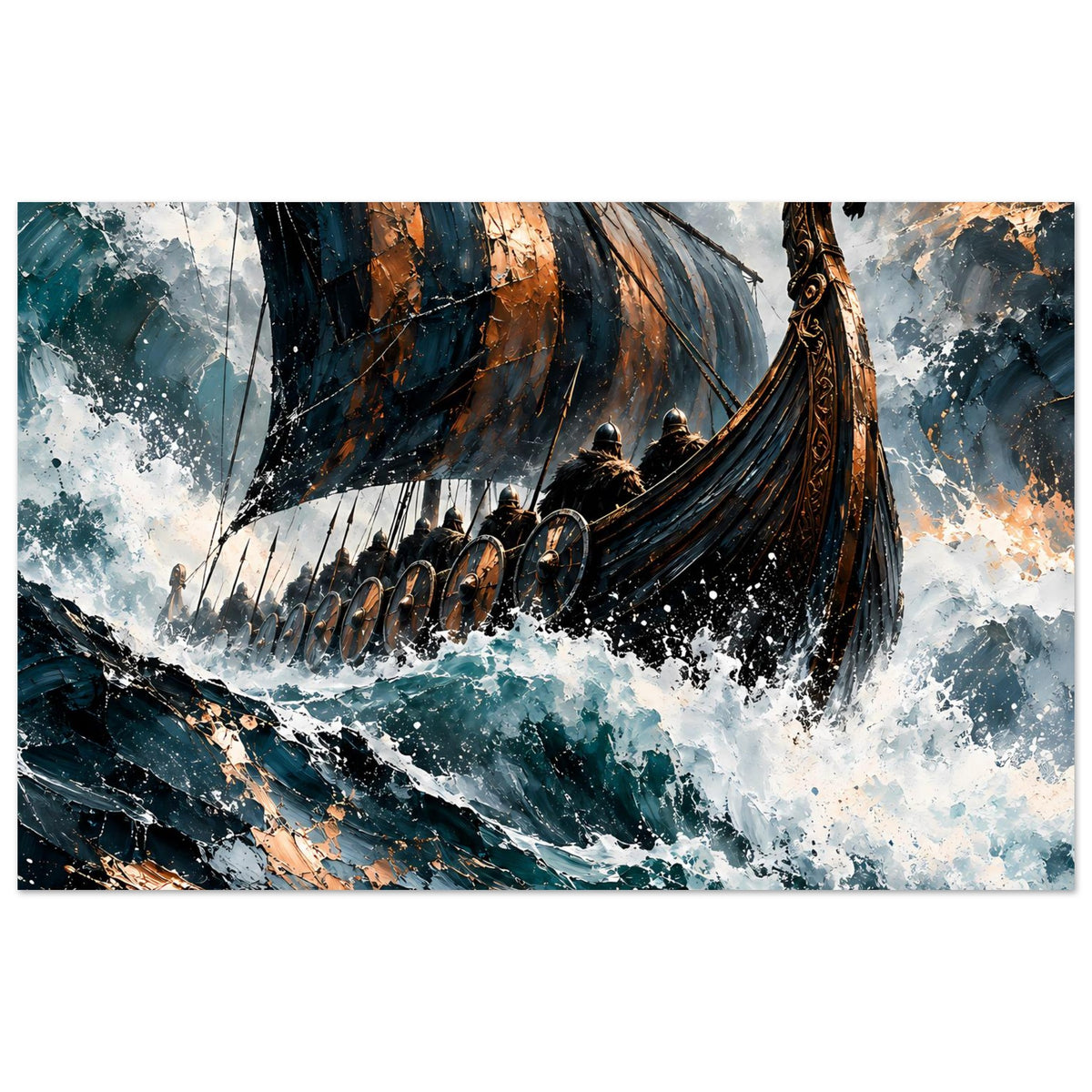 Poster mit Wikingerschiff im Sturm: Segel, langes Boot und bewaffnete Ruderer