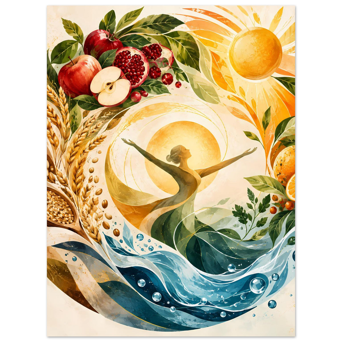 Naturposter im Hochformat mit Sonne, Wasserwellen sowie Erntefrüchten und Blättern