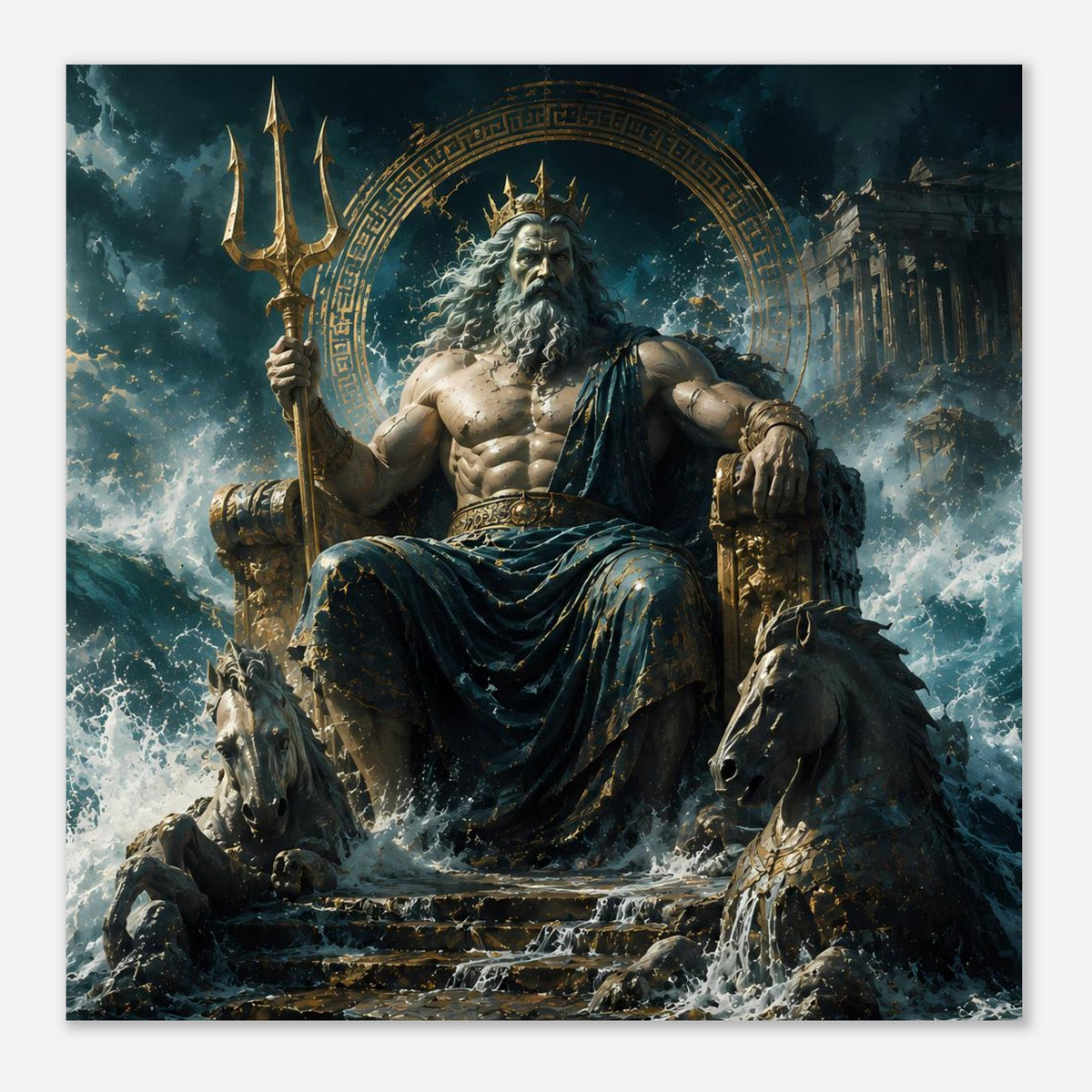 Poster-Nahansicht: Poseidon mit Dreizack auf Thron, goldenes Rundornament, Sturmmeer