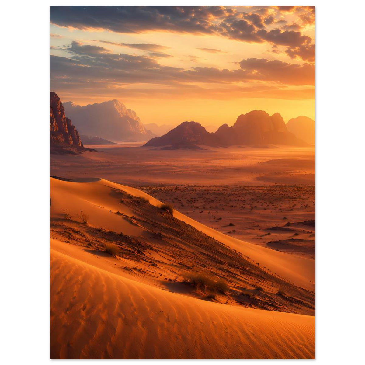 Wüstenlandschafts-Poster mit orangefarbenen Dünen und dramatischem Sonnenuntergang