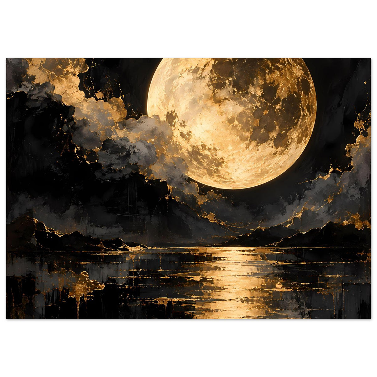 Querformat-Poster mit leuchtendem goldenen Mond, schwarzen Wolkenwolken und goldenem Wasserreflex